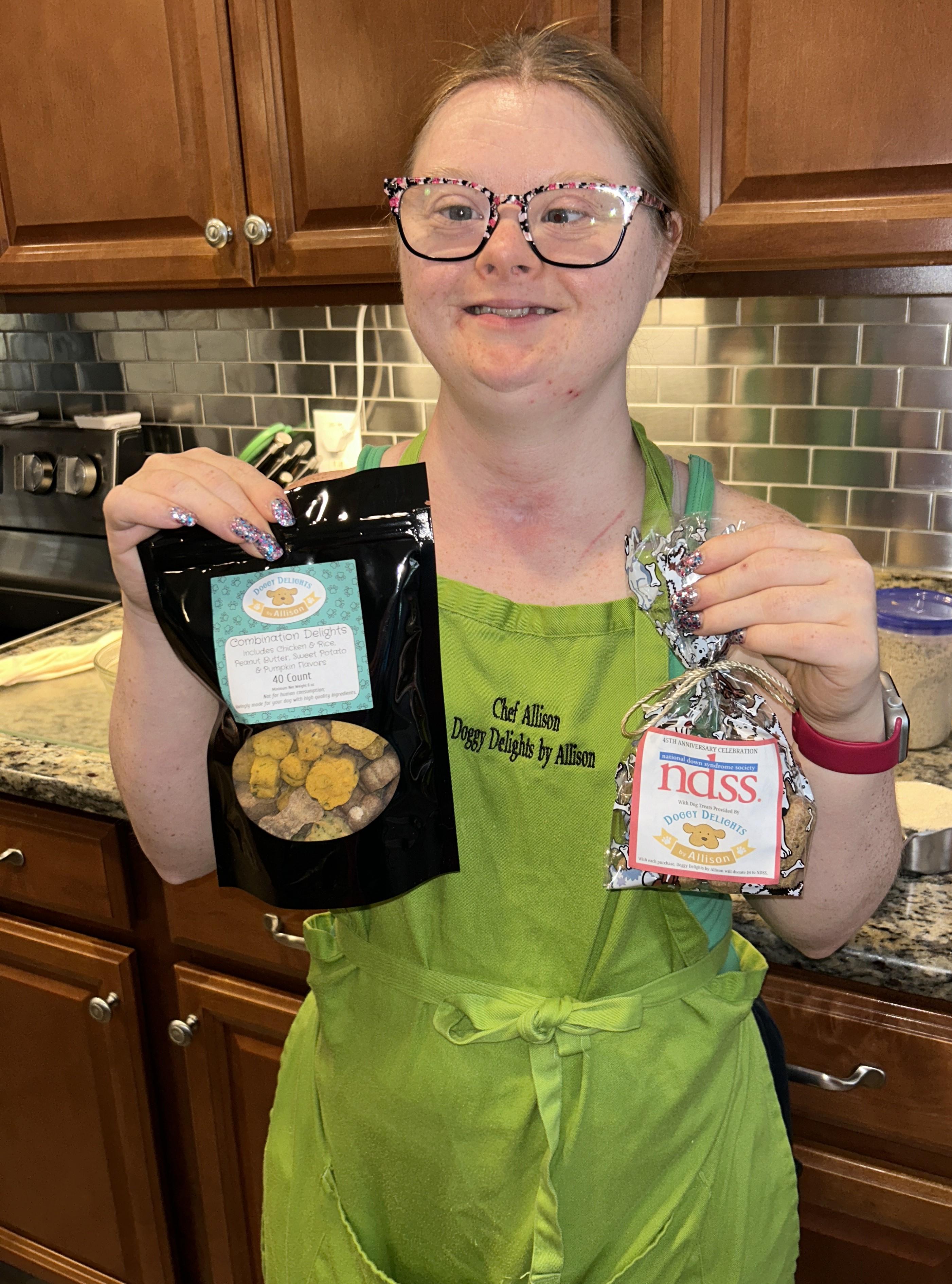 allison makes dog treats for NDSS 45th anniversary that say NDSS