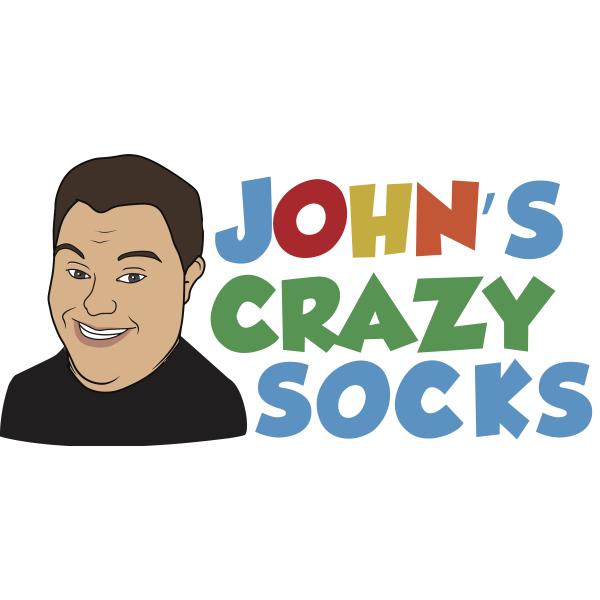 Cartoon image of John, a White man with Down syndrome. Colorful block letters spell out, "JOHN'S CRAZY SOCKS"